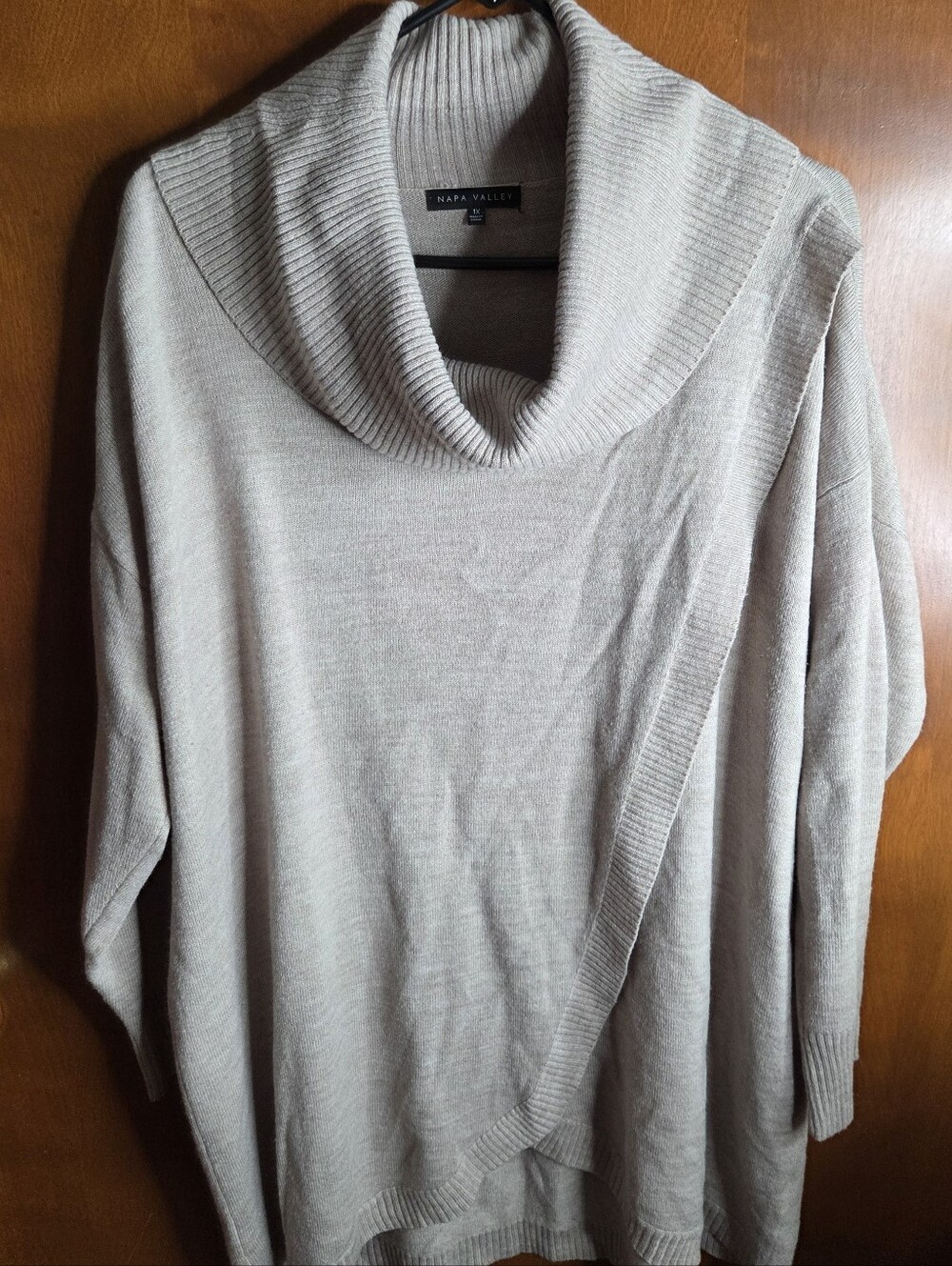 Napa Valley Cowl Neck Faux Wrap Sweater Tunic 3/4 Sleeve Tan Size 1XL
